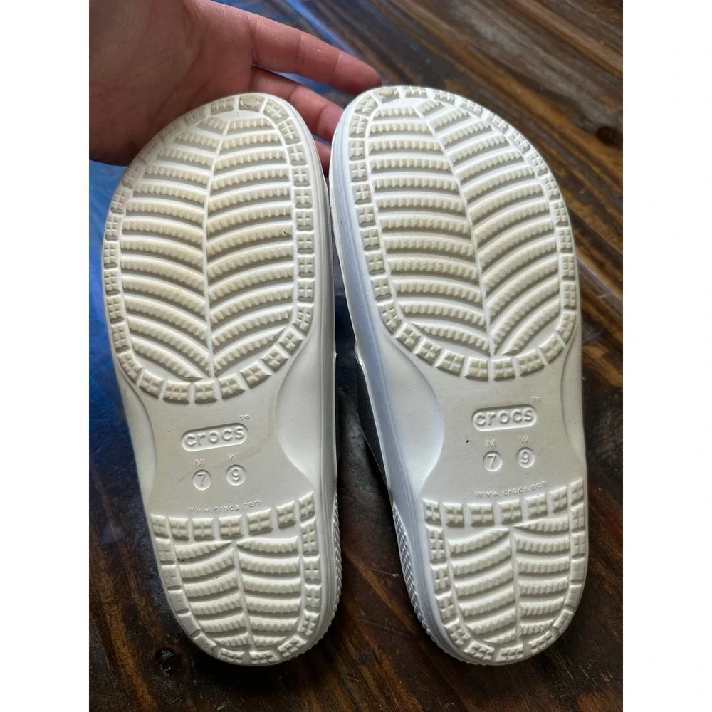 Crocs Glitter 2 Strap Slide Sandal Women's 9 or Men 7‎ White Silver Sparkle Shoe